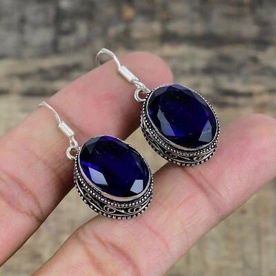 Zaffiro Blu Creato IN Laboratorio Gemma Mano 925 Orecchini Argento Sterling Per - Immagine 1 di 4