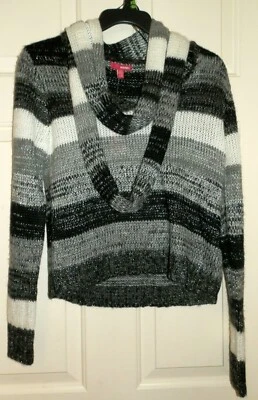 Junior's New Large BONGO Sweater Black Gray White Striped with Scarf - Image 1 of 2