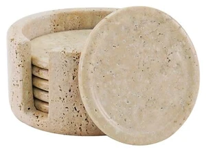 Speshstone Untersetzer Set mit Halter 3,5" Zoll Travetin Rund Handarbeit Getränk... - Bild 1 von 6