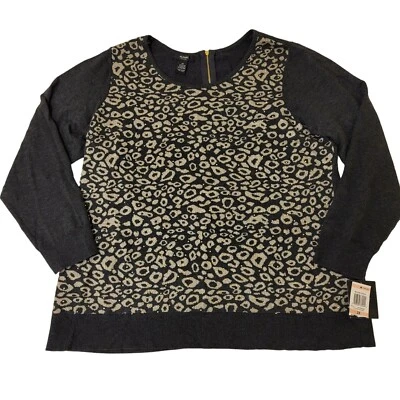 Suéter tejido con estampado de leopardo Alfani para mujer 1/4 cremallera trasera gris plata dorado 2X Foto 1 de 4