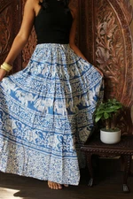 Boho Hippy Gypsy Blue Block Print Maxi Skirt Cotton Summer Style Skirts S/M 