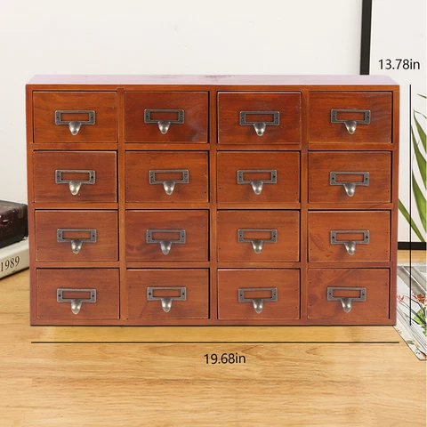 Vintage 16 Drawers Label Holder Organizer Card Catalog Wooden Apothecary Cabinet Cover