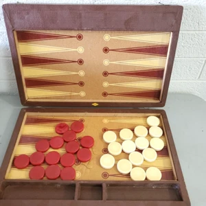 Vintage E. S. Lowe Backgammon Set with Red White Bakelite chips large 1 3/8 - Picture 1 of 16