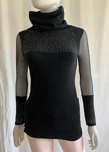 Women's Hoodie Turtleneck Black Mesh Long Sleeves Stones In The Chest Size S/M - Picture 1 of 12