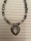 Antique Silver Medieval Open Heart Pendant Pearl Gray Jasper Crystal Necklace