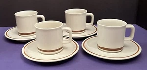 (4) Vintage Ekco Eterna Camelot Cup & Saucer Sets Stoneware Cream w/ Brown Band - Picture 1 of 9