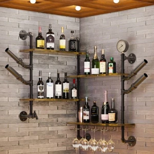 Industrial Pipe Bar Wall Liquor Shelf Floating Shelves with Wine Glass Holder - Picture 1 of 14