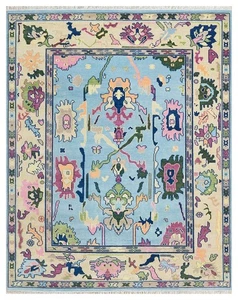 Modern Oushak Hand Knotted 9x12 Light Blue 100% Wool Floral Rug for Living Room - Picture 1 of 7