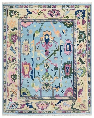 Modern Oushak Hand Knotted 9x12 Light Blue 100% Wool Floral Rug for Living Room - Image 1 of 4