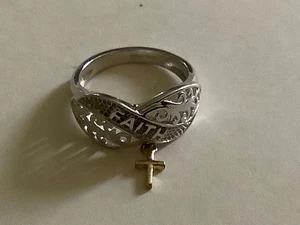 D'Joy Sterling Silver FAITH w/ Dangle Gold Plate Cross Ring Size 8 - Picture 1 of 5