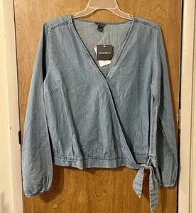 Eddie Bauer Blue Chambray Wrap Top Womens M Waist Tie Lightweight NEW NWT - Picture 1 of 11