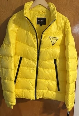 Guess Puffer Jacket Mens Large Yellow Zip Pockets - Image 1 of 4