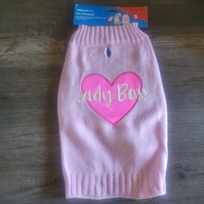 Vibrant Life Lady Boss Pink Heart Dog Winter Sweater Sz S Holiday Valentines Day - Image 1 of 4