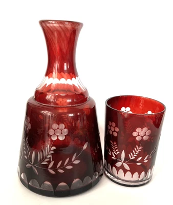 Vintage Bohemian Czech Glass Tumble-Up Bedside Water Carafe Ruby Cut to Clear - Image 1 of 4