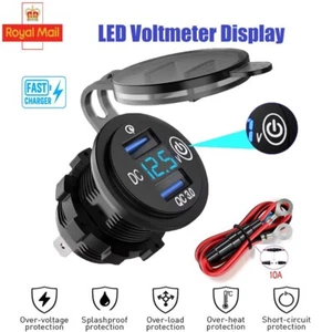 For Cars Dual QC 3.0 12V Car Charger USB Socket With Voltmeter And LED Indicator - Picture 1 of 10