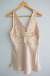 Simona Silk Top Womens 12 Beige Blouse Satin Sleeveless V Neck Event Corporate - Picture 1 of 14