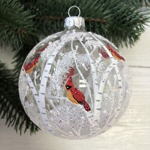 Red Cardinals in Snow Forest Christmas Ball Ornament Bauble Made in Ukraine 4"