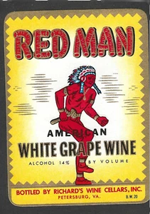 VINTAGE UNUSED RED MAN WHITE GRAPE WINE LABEL PETERSBURG,VA MNH - Picture 1 of 1