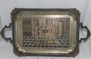 VINTAGE EGYPTIAN DECORATIVE METAL TRAY BRASS GOLD BLACK COPPER 15 " X 11" - Imagen 1 de 6