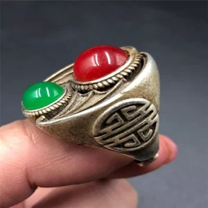 Green Jade Ring Tibetan Silver Inlaid Men's Retractable Green Jade Ring - Picture 1 of 6
