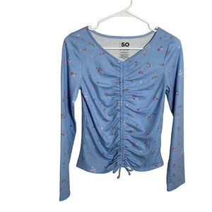So T-Shirt Girl's XL Blue Thermal Long Sleeve V-Neck Floral Blouse Shirt Top - Picture 1 of 7