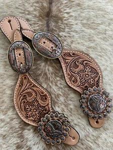 Ladies Size Pair Leather Engraved Silver Western Spur Straps - Picture 1 of 9