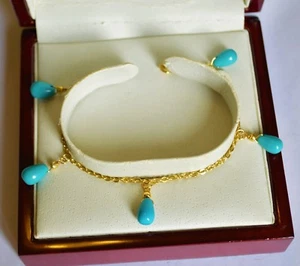 Beautiful BLUE TURQUOISE Pear Dangle Briolette Station Bracelet Yellow Gold  - Picture 1 of 4