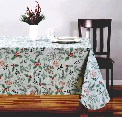 Christmas Vinyl Tablecloth 60X84 Lined PEVA Heavy Duty Holly Berries Pine Winter - Image 1 of 4