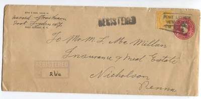 1922 Port Leyden NY Registered Cover to Nicholson PA 10¢ + 2¢ Postal Envelope - Image 1 of 4