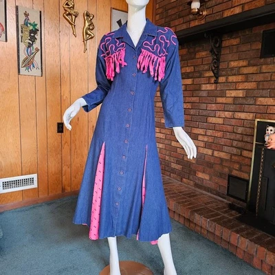 Vestido Western De Colección 80 Tacky Vaquera Denim Flecos Mango Delgado Rodeo Baile M/L Foto 1 de 4