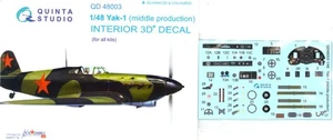 Quinta Studios 1/48 YAKOVLEV Yak-1 (MID) 3D DECAL COLORED INTERIOR SET All Kits - Picture 1 of 8