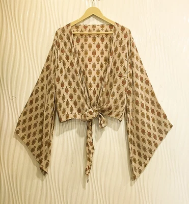 Silk Wrap Top Tie Blouse Boho Crop Tops Dress Girl Woman Clothing Beige PSW1762 - Image 1 of 4