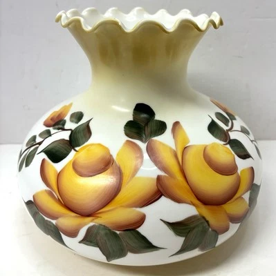 Vintage Hand Painted GWTW Glass Lamp Shade Floral Yellow 8-1/4" Tall 7” Fitter - Image 1 of 4