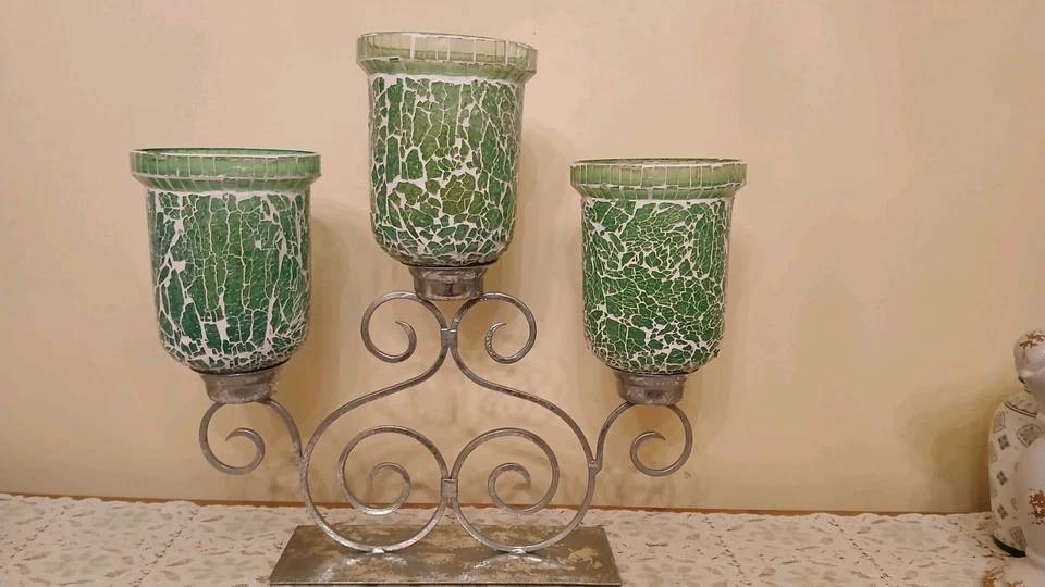 华丽海泡沫绿色马赛克玻璃飓风烛台附 3 件套 — 第 1/4 张图片