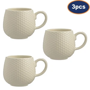 Coffee Mug Set 350ml Embossed Honeycomb Cream Stoneware Cup Tea Choco 3pc Mugs - Picture 1 of 2