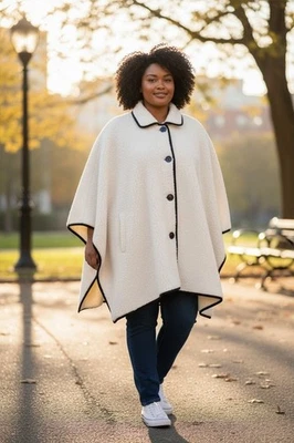 Le Moda Lord Daniel Sportswear White Fleece Button-Up Poncho Cape Black Trim Wom - Image 1 of 4