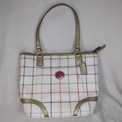 Coach Peyton Tattersall Medium Tote Bag Shoulder Purse Cream/Gold Excellent - Image 1 of 4