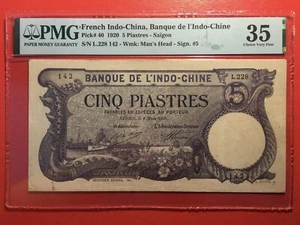 French Indochina 5 Piastres 1920 Pick 40 (Saigon) PMG 35 Choice Very Fine - Picture 1 of 2