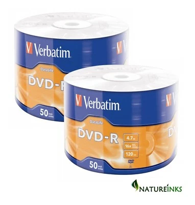 100 Genuine Verbatim 43791 DVD-R DVD Blank Recordable Discs 120 Mins 4.7GB 16x - Image 1 of 3