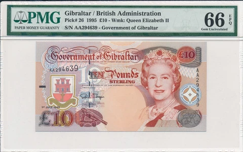 Government of Gibraltar Gibraltar  10 Pounds 1995 Prefix AA PMG  66EPQ Cover