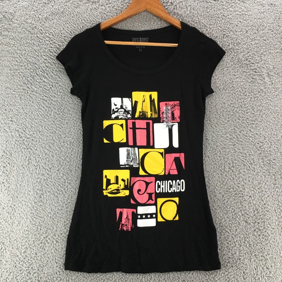 Bye Bye Chicago City Graphic Tee Tshirt Womens XL Black Cap Sleeves Printed - Image 1 of 4