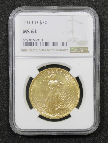 1913 D US Gold $20 Saint-Gaudens Double Eagle - NGC MS63 Cover