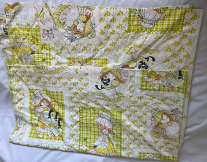 VTG Sears 70s Green Yellow Katie's Patchwork Twin Flat Sheet Like Holly Hobbie - Picture 1 of 6
