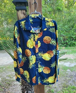 Camicia hawaiana manica lunga con bottoni blu ananas nuova senza etichette COOFANDY taglia 2XL - Foto 1 di 10