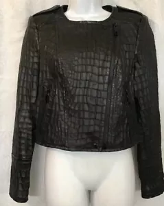 Rachel Zoe Jacket Waist Length Black Leather Croc Embossed L Sleeve Zipup Size 4 - Picture 1 of 12