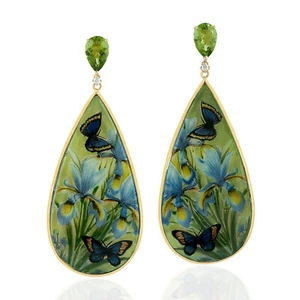 Peridot Dangle Earrings 18k Yellow Gold Diamond Bakelite/Enamel Jewelry - Picture 1 of 6