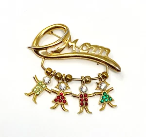 VTG Mom Brooch Pin Goldtone 4 Children Charms KIS Jewelry Australian Crystal - Picture 1 of 3