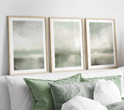 Set of 3 Sage Green Abstract Wall Art Prints Coastal Living Room Bedroom Posters — 第 1/4 张图片