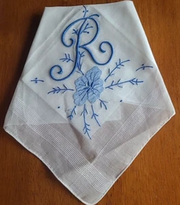 VTG MADEIRA EMBROIDERED INITIAL MONOGRAM White HANDKERCHIEF BRIDAL Blue R - Picture 1 of 3