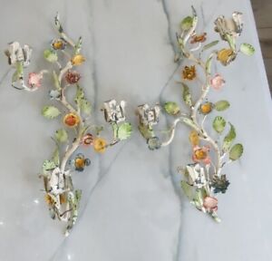 Vintage Italian? Tole Painted Florals Candle Branch WALL SCONCES